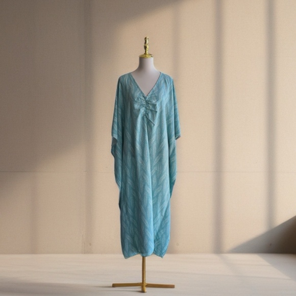 0109/ Pale Teal Leaf Pattern Kaftan, Long Kaftan - Picture 2 of 14